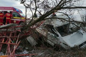 Astăzi, în Neamț: O autoutilitară a părăsit partea carosabilă și a intrat într-un copac